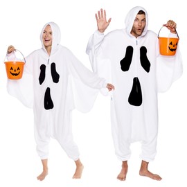 FUNZIEZ! Ghost Costume Pajamas - One Piece Jumpsuit For Adults (White, X-large)