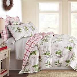 Levtex Home Villa Lugano Sleigh Bells Sleigh Bells Quilt - Twin - Christmas Tree and Reindeer - Red Green Grey White - Quilt (68x86in.) - Reversible - Cotton/Poly