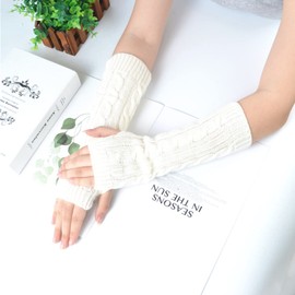 Lopsity Arm Warmers Knitted Warm Weave Glove Women Thumbhole Warm Winter Striped Arm Warmers Long Fingerless Gloves (WHITE)