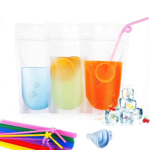 TOPHOUSE Reusable Drink Pouches with Straws 200pcs Zipper Stand-Up Juice Pouches Bags Great for Drink Smoothie Juice Party Supplies for Adults