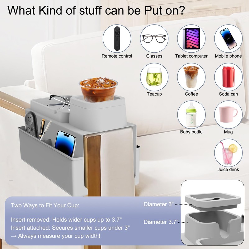 KindGa Couch Cup Holder Tray，Super Large Silicone Sofa Armrest Tray