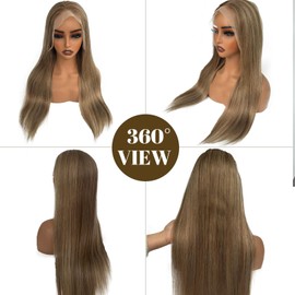 Belaved Wigs Human Hair 13x4 Straight Lace Front 16 Inch Highlights Chocolate Brown Mixed Ash Blonde HD Lace Frontal Wig Human Hair Glueless Pre Plucked Bleached Knots