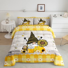Erosebridal Bee Gnome Comforter Set King, Sunflower Daisy Floral Bedding Set for Kids Boys Girls, Honeycomb Honey Can Duvet Set Home Room Decor, Yellow Farm Cartoon Soft Down Comforter 3 Pcs