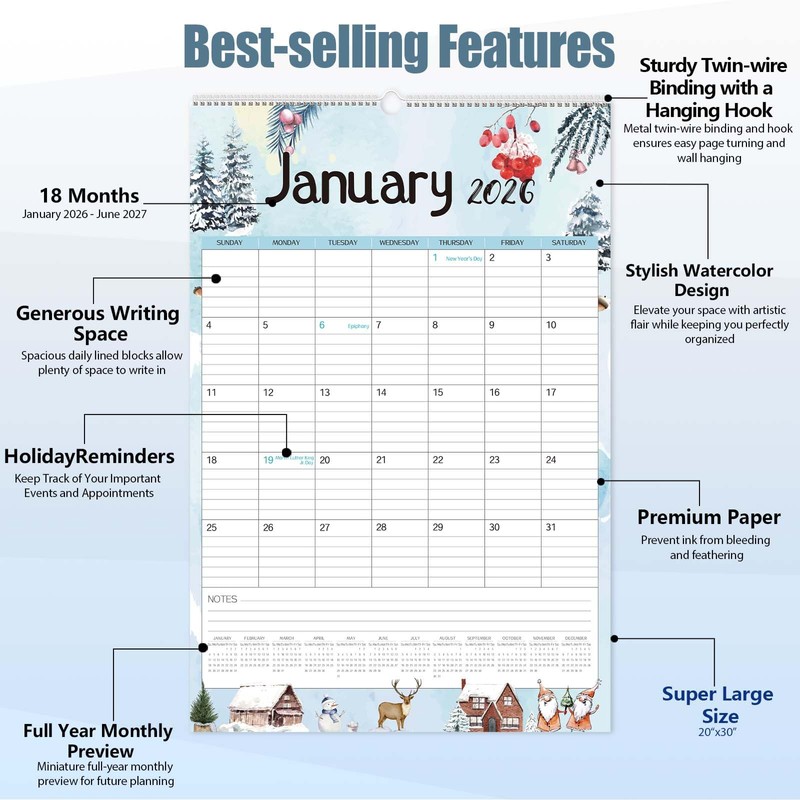 Guasslee 2026 Large Wall Calendar,20"x 30" Vertical Jumbo Hanging Wall