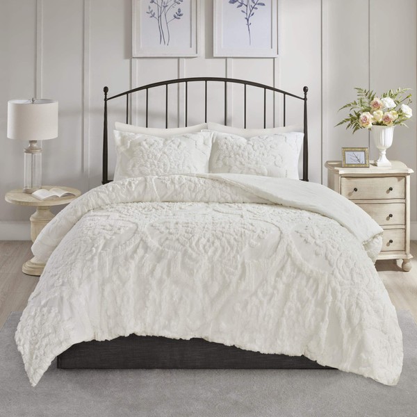 Madison Park Tufted Chenille Cotton Comforter, All Season Bedding Set, Matching Shams, Viola, Damask Off White Full/Queen(90"x90") 3 Piece
