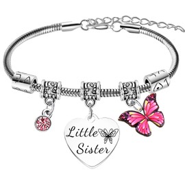 Ghloyza Little Sister Charm Bracelet Gifts Lil Sis Bracelet Little Sister Christmas Birthday Gifts from Sister Big Sister Little Sis Butterflies Stuff Heart Rhinestones Bracelets Jewellery Gifts