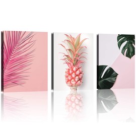 TutuBeer Plant Wall Art with Pink Pineapple at Pink Background Tropical Wall Decor Green Plant Art 12" x 16" x 3 Pieces Canvas Pictures Prints Artwork Ready to Hang for Home Decoration Wall Decor