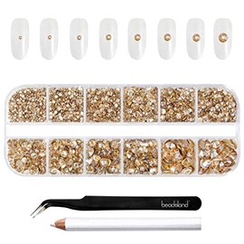 Beadsland Diamantes de imitación para maquillaje, 8 tamaños, 2500 unidades de diamantes de imitación dorados con parte trasera plana, gemas de ojos pa