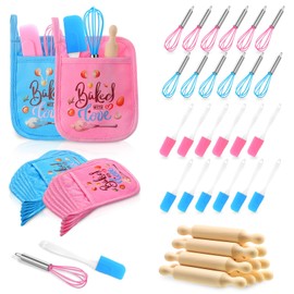 RoundFunny 48 Pcs Kids Baking Supplies for Real Cooking Games Prize Party Favors, with Kitchen Utensil, Pot Holders, Spatula, Rolling Pin, Whisk for Kids Gifts, Baking Cooking Party (Small)