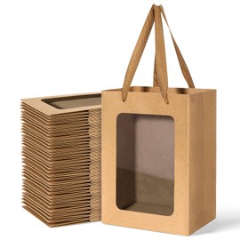 DIVINA VITAE 36Pcs Kraft Bags with Window, 7.1 x 5.1 x 9.8Inches Brown Gift Bags with Handles, Transparent Gift Bags Kraft Shopping Bags for Present, Festivals Party