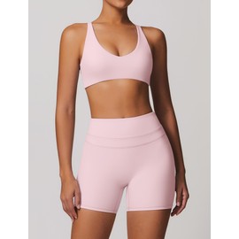 IDOPIP Women's Sports Set for Fitness: Gym Set 2-Piece with V-Neck Twist Back Bra and Leggings Short - Summer Sportswear for Yoga, Pilates and Workout, pink, M