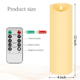 Mingfuxin Large Waterproof Outdoor Flameless Candles, Battery Operated with Remote Control and Timer, Flickering LED Pillar Candles for Outdoor Lartern, Porch, Long Lasting, 4“×12”, Set of 2
