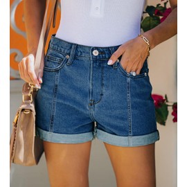 StunShow Women's Denim Shorts Blue High Waist Frayed Raw Hem Stretchy Jean Shorts