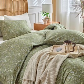 MKXI Duvet Cover Queen Size Boho Bedding 100% Cotton Reversible Floral Duvet Cover Set with Zipper, Soft & Breathable Army Green Bedding Set Botanical Wildflower Duvet Covers