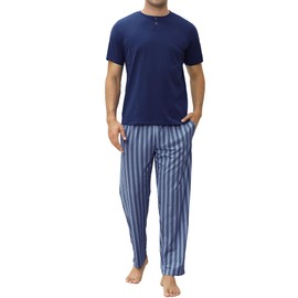 TeJoyce Mens Pajamas Set Cotton Short Sleeve and Pants 2 Piece PJ Set Soft Comfy Loungewear Men's Nightwear Set with Pockets Navy Blue