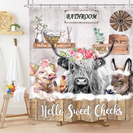 Imirell Rustic Highland Cow Shower Curtain 60Wx72H Inches Farm Funny Animal Farmhouse Donkey Chicken Pig Flower Wooden Country Western Wildlife Fabric Waterproof Polyester with 12 Pack Hooks Plastic