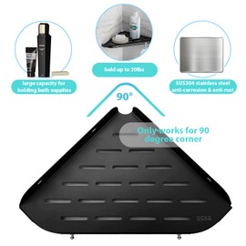 Qeke Bathroom Corner Shelf, 9" Shower Shelf Caddy, SUS304 Stainless Steel Shelf Wall Mount Corner Shelf with 2 Hooks, Matte Black