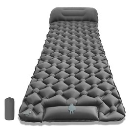 エアーマット キャンプ【【25s膨らむ･足踏み式】 厚手 枕付き 車中泊 防災 超軽量 コンパクト TPUコーティング 防水 寝袋 持ち運び便利 簡単収納 災害マット 登山 キャンプ用品 補修テープ付 収納袋付き (グレー)