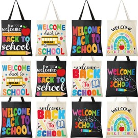 Talltalk 12 Pcs Welcome Back to School Gifts for Teacher Students Pencil Cotton Canvas Bag Bulk First Day of School Party Favors Treat Tote Bags for Classroom Rewards