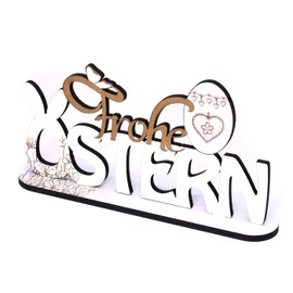 DEKO-LANDO Decorative Stand Merry Easter Sign with Motif, Flowers, Easter Bunny Hearts, Approx. 21 x 11 x 0.5 cm, White