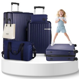 Hoteel 5 Piece Luggage Set (4-YEAR WARRANTY) ABS+PC Hardshell Carry on Suitcase with Spinner Wheels & TSA Lock for Men and Women, Rolling Suit Case for Plane, Travel, Dark Blue (20/24/28/DB/TB)