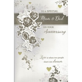 Anniversary Card for Mum and Dad, Elegant Floral Design with 8 Page Insert, Silver and Gold large card
