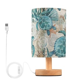 litebear Small Table Lamp for Bedroom - Bedside Lamps for Nightstand, Sea Ocean Turtle Teal Round Fabric Shade, Desk Reading Lamp for Kids Room Living Room Office Dorm