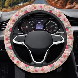 Quelytytrip Strawberry Floral Print Car Steering Wheel Cover Women Universal 15 inch,Washable