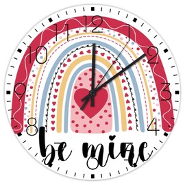 Autravelco 12 Inch Silent Non-Ticking Wall Clocks Battery Operated Be Mine Red Heart Wall Decor for Patio Cute Rainbows Valentine's Day Beautiful Round Wooden Wall Clock Vintage for Pool Restaurant