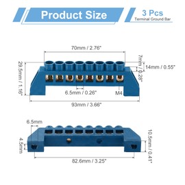sourcing map 3 Pcs Terminal Ground Bar, 8 Positions Screw Brass Terminal Bus Bar, 7x14mm Ground Terminal Block for Electrical Equipment, Distribution Box, Blue