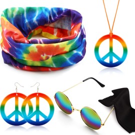 Hicarer Hippie Costume Set Include Sunglasses, Headband, Peace Sign Necklace and Earring (Rainbow Colorful Style)