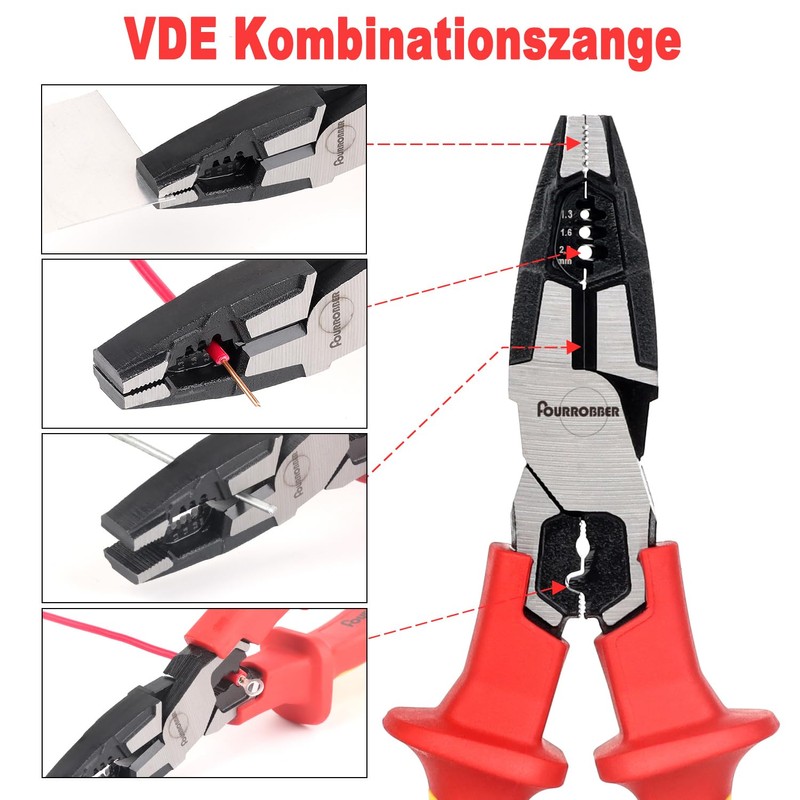 FOURROBBER VDE Plier Universal Combination Plier,with Insulated Handles 60CrV, VDE-Tested