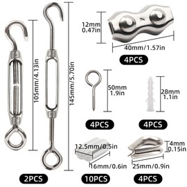 YIKAOMAI® 3 mm wire rope tensioner set, M4 turnbuckles made of stainless steel kit, for 3 mm cables and wire ropes (M4 turnbuckles, stainless steel, 28 pieces kit)