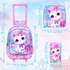 4PCS Rolling Backpack for Girls, Cat Roller School Bookbag with