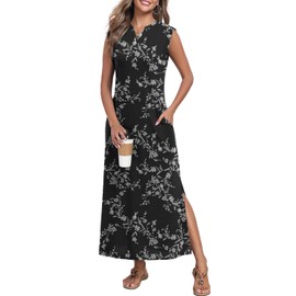 lionstill Women's Summer Slit Maxi Dress Casual Cap Sleeve V Neck Loose Fit Beach Long Sundress with Pockets, Black Floral L