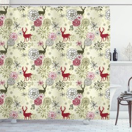 ABAKUHAUS Winter Shower Curtain, Deer Flowers Christmas, Fabric Fabric Bathroom Decoration Set with Hooks, 175 x 200 cm, Light Green Olive Green Ruby