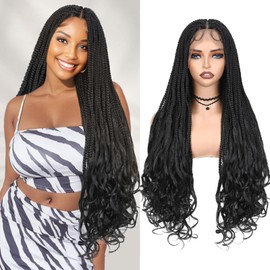 FAVE 30”Full Double Lace Braided Wigs Box Braid Wig with Curly Ends Natural Black Knotless Braid Wigs for Black Women Glueless Braid Wig with Baby Hair Synthetic Handmade Braided Wigs for Daily Use