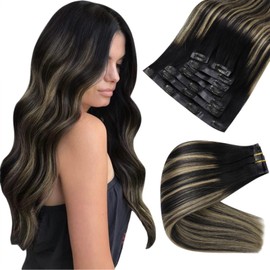 Full Shine Clip in Hair Extensions Human Hair 22 Inch Color 1B/27/1B Black and Honey Blonde Seamless PU Weft Clip Hair Extensions 120 Grams 8 Pieces Clip in Remy Hair Extensions