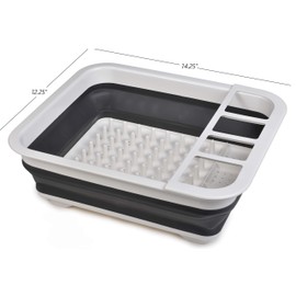Masirs Pop-Up Collapsible Dish Drying Rack: Convenient Storage, Drains into Sink, Eight Large Plate Capacity, Sectional Cutlery and Utensil Compartment. Compact and Portable Design.