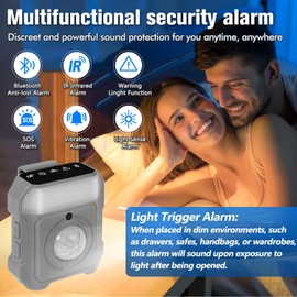 JMDHKK Smart Alarm, Multi-Function Security Device with Light-Sensing, Vibration, and Warning Light for Camping, Hotel Safety, and Personal Privacy Protection (Gray)