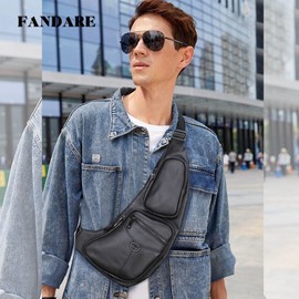 FANDARE Retro Sling Bag Genuine Leather Chest Crossbody Bag Hiking Cover Pack Rucksack Waterproof Shoulder Bag Sling Backpack for Business Travel Hiking Bicycle Sport Gym Pack Black