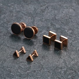 Aroncent 3 pairs men's stud earrings set stainless steel enamel round triangle square fake ear plugs tunnel piercing rose gold black, Stainless Steel, Rose-Gold