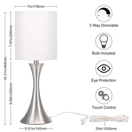 Touch Control Table Lamp, 3-Way Dimmable Bedside Lamp for Living Room, Modern Nightstand Lamp for Bedroom, Silver Table Lamp with White Shade, Desk Lamp for Dorm, Home, Office, 3000K LED Bulb Included