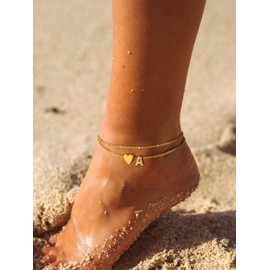 PROSTEEL Women Heart Anklet, A Letter Initial Ankle Bracelet, Adjustable Double-Layer Foot Chain for Beach Summer, Gold Plated 316L Stainless Steel (with Gift Box)