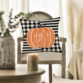 Smilyard Fall Pillow Cover 20x20 Inch Orange Pumpkin with Black White Buffalo Plaids Stripe Throw Pillow Covers for Fall Decor Autumn Farmhouse Thanksgiving Decorative Pillow Cases for Sofa Couch