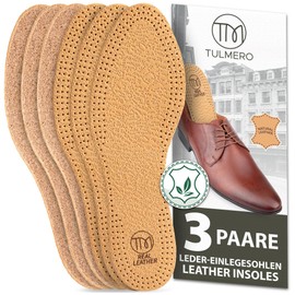 TULMERO 3 Pairs of Leather Insoles for Men and Women with Real Natural Cork - Leather Soles for Shoes Against Sweaty Feet Size 43