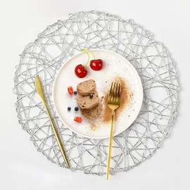 CY SISTERS Woven Placemats Set Of 12 Dining Table Decoration Centerpiece Festival Hollow Out Table Decor Charger Plates Holiday Metallic Mats Silver Vinyl Round Placemats For Wedding Reception,13.78''