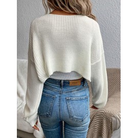 WDIRARA Women's Open Front Drop Shoulder Rib-Knit Long Sleeve Cropped Cardigan Shrug Beige L