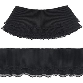 FINGERINSPIRE 5 Yards Pleated Tulle Lace Trim (3-5/8 Inch Wide), Black Double Layer Polyester Lace Ribbon for Sewing Clothes, Wedding Dress, Bags DIY Crafts Decorations