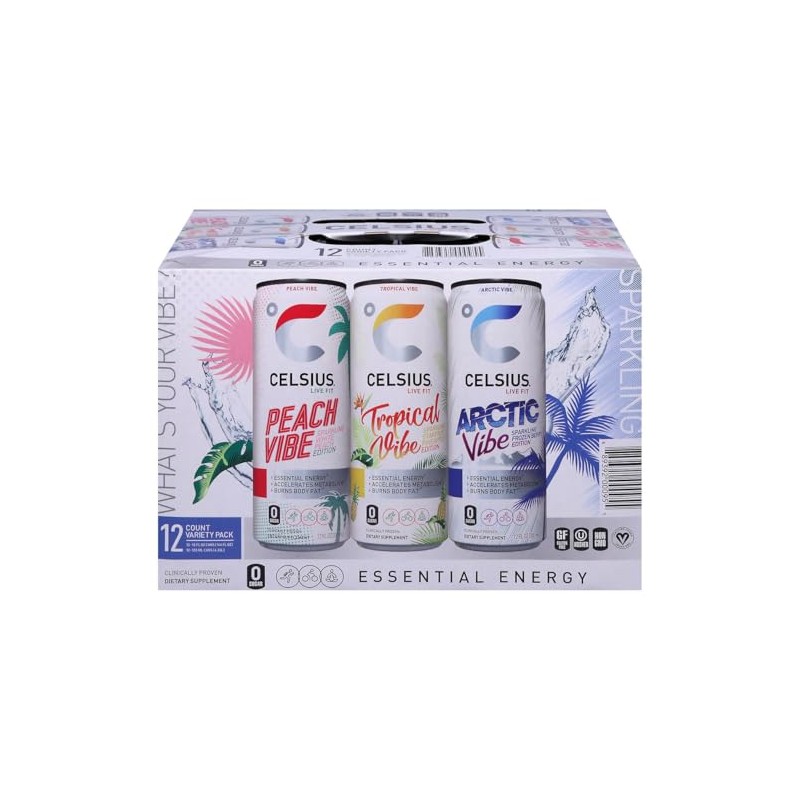 CELSIUS Bebida Energética Sparkling VIBE, Variedad Peach, Tropical y Arctic,